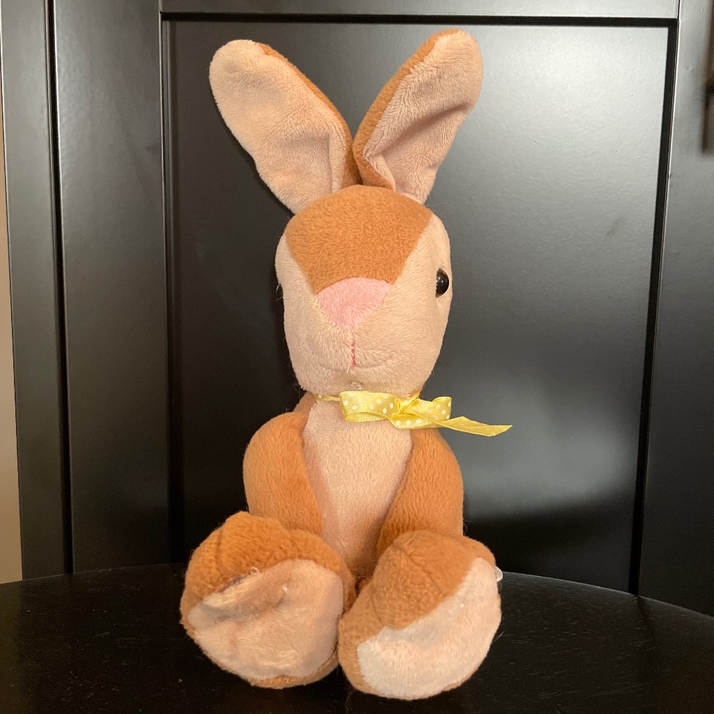 Bunny Rabbit stuffed animal yellow polka dot ribbon bow tan cream beige